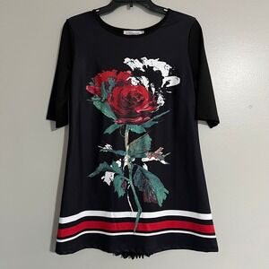 Dzhavael Statement Black Red Rose Graphic Tunic Top Pleated Back M edgy moody